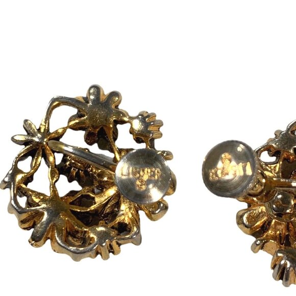 Vintage Lisner Gold Tone Green Faux Pearl Screw Back Earrings Jewelry Signed - Picture 4 of 5